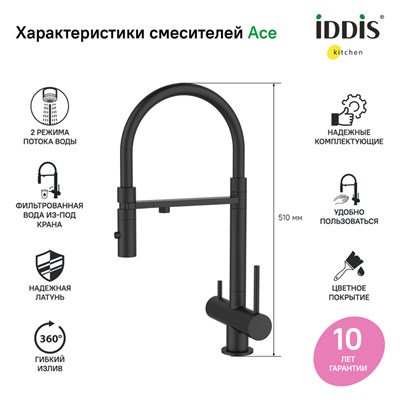 Смеситель для кухни с фильтром и гибким изливом IDDIS Ace ACEBLFFi05 / ACEBNFFi05 / ACEGMFFi05 / ACEMGFFi05 / ACESBFFi05 6725 - фото 41990